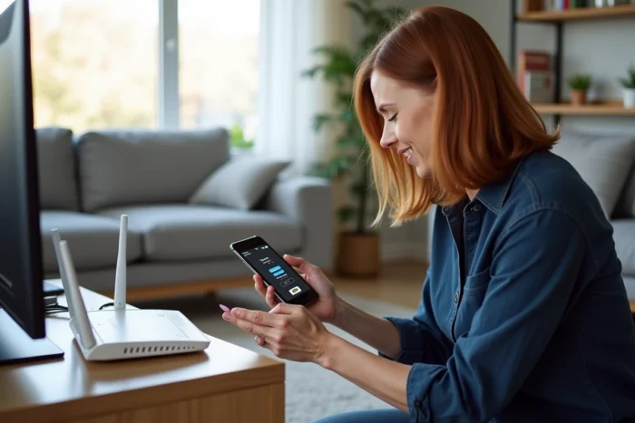 Femme accédant aux paramètres de son routeur WiFi depuis son smartphone pour configurer l'accès réseau
