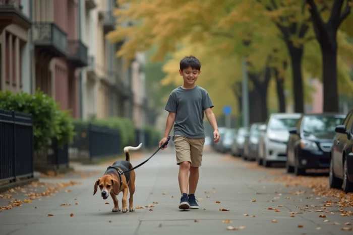 Adolescent promenant un beagle en laisse sur un trottoir urbain dans le cadre d'un dog sitting