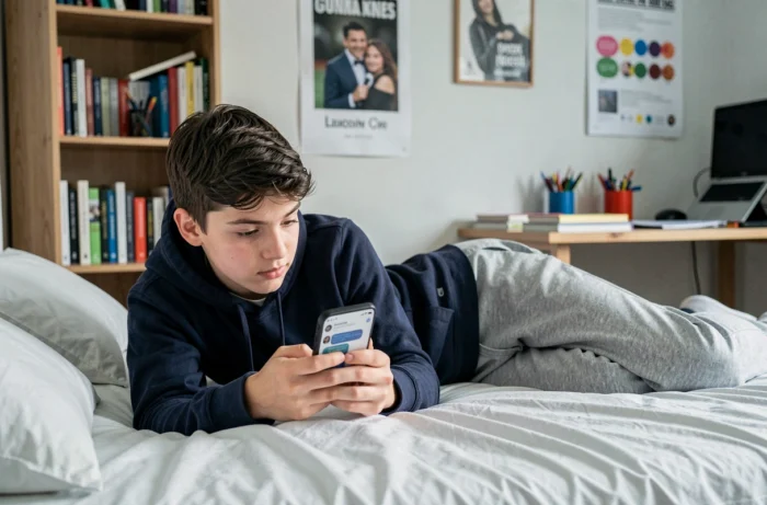 Adolescent allongé sur son lit consultant son téléphone Snapchat, montrant le concept de présence en ligne et du point vert actif
