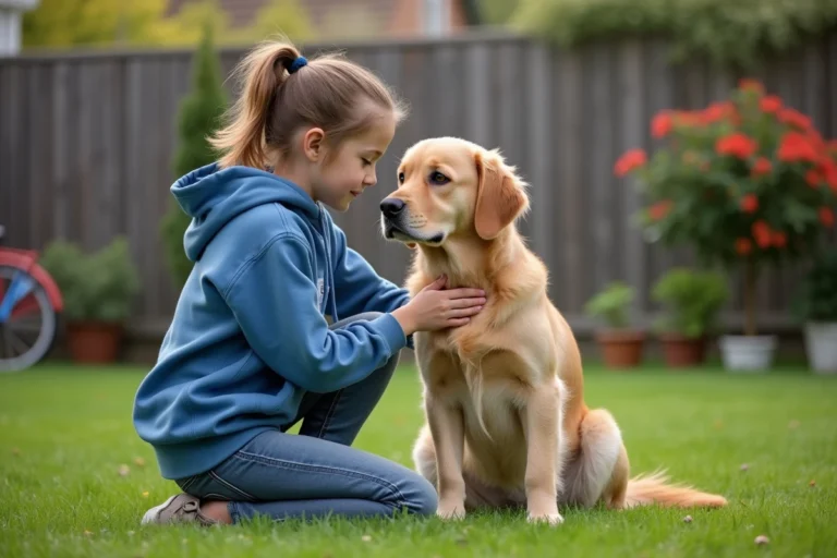 Jeune adolescente faisant du dog sitting avec un golden retriever dans un jardin résidentiel
