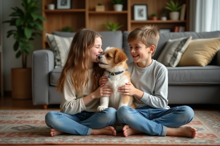 Deux adolescents jouant avec un petit chien dans un salon familial lors d'une séance de dog sitting