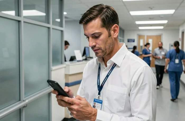Agent hospitalier consultant l'application Chronos sur smartphone dans un couloir du CHU de Clermont-Ferrand