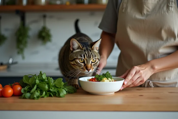 Chat tabby observant la préparation d'un repas naturel et sain dans une cuisine avec ingrédients frais
