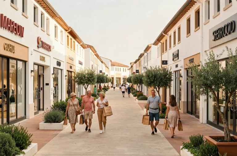 Allée principale du village des marques de Miramas avec boutiques et enseignes visibles