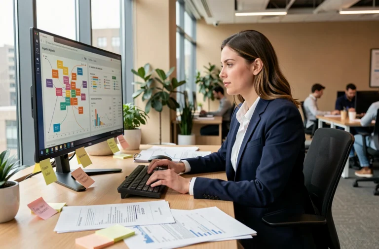 Professionnelle du marketing digital analysant des données sémantiques et des tableaux de bord SEO sur un écran d'ordinateur dans un bureau moderne