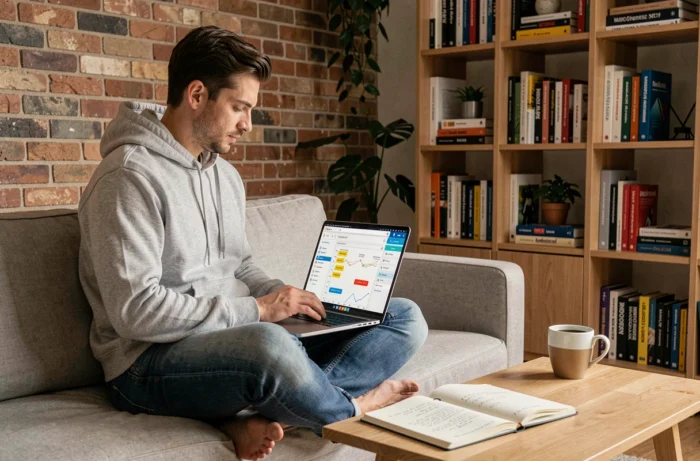 Jeune professionnel travaillant sur un outil d'analyse sémantique SEO depuis son bureau à domicile avec un laptop et des notes manuscrites