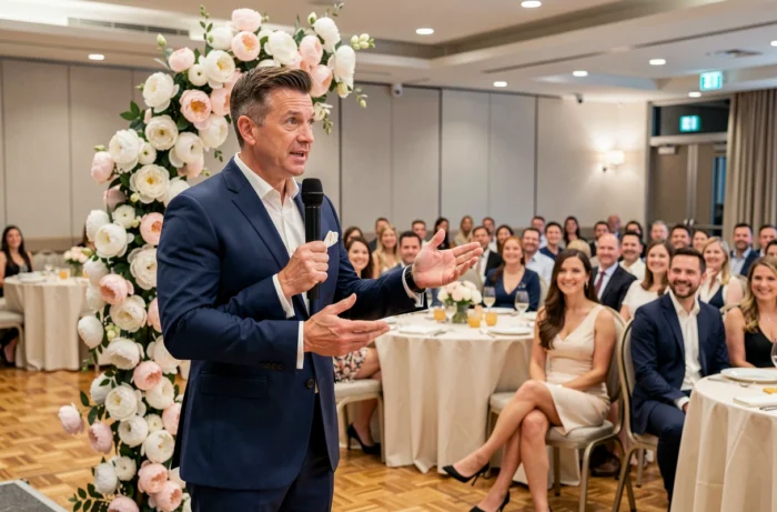 Animateur de mariage charismatique au microphone devant les invités dans une salle de réception élégante