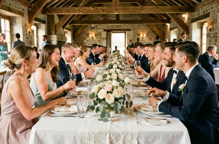 Table de mariage animée avec invités riant et trinquant dans un château rustique décoré de fleurs blanches