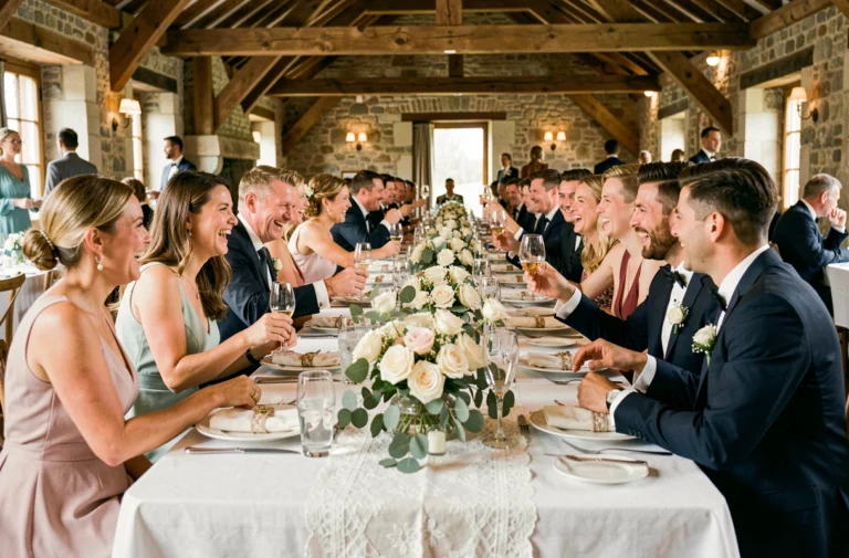 Table de mariage animée avec invités riant et trinquant dans un château rustique décoré de fleurs blanches