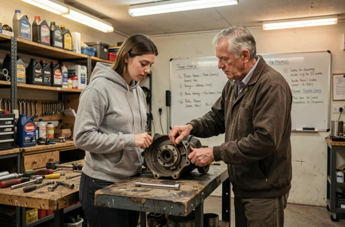 Jeune femme apprenant la mécanique avec un bénévole dans un garage solidaire associatif