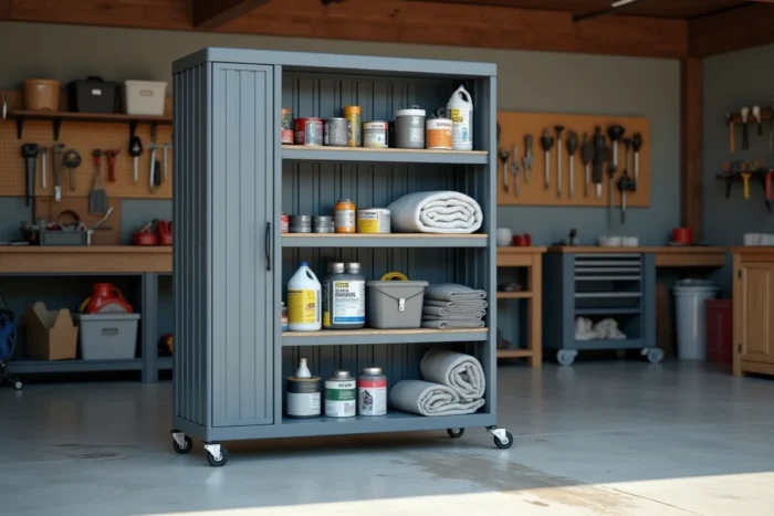 Armoire de rangement en plastique grise bien organisée dans un garage avec outils et matériel de bricolage