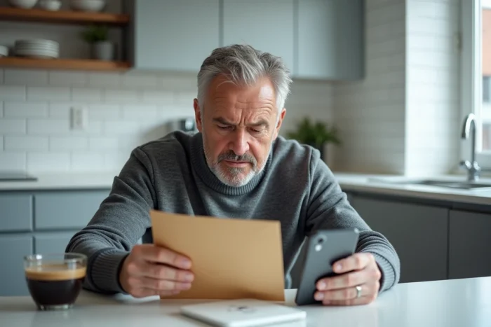 Homme scrutant un courrier suspect lié à une arnaque aux créances publiques tout en vérifiant des informations sur son téléphone