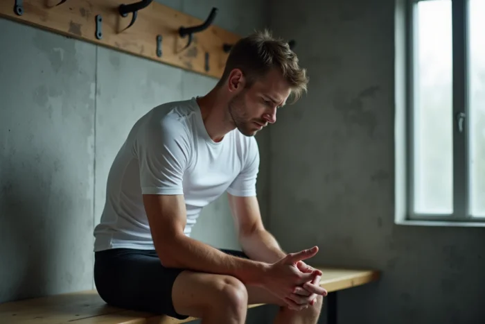 Athlète cycliste scandinave en pleine méditation dans un vestiaire minimaliste avant une compétition, symbole de la force mentale après un combat contre le cancer