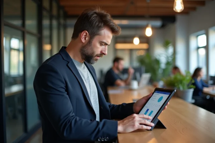 Auto-entrepreneur consultant consultant une application de facture électronique sur tablette dans un espace de coworking