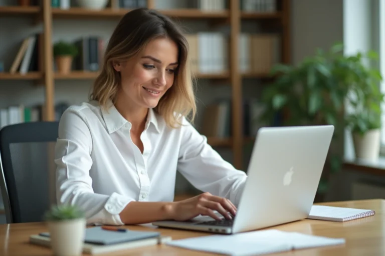 Auto-entrepreneuse utilisant un logiciel de facturation électronique sur son ordinateur portable dans un bureau à domicile moderne