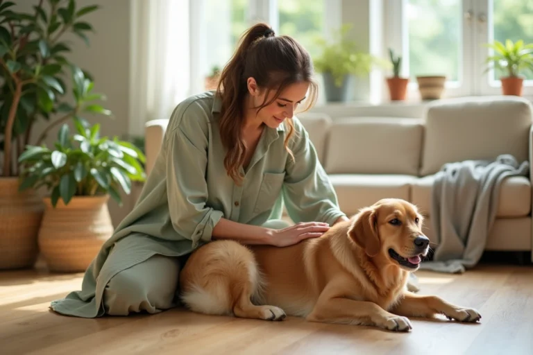 Femme caressant son golden retriever dans un salon naturel et chaleureux, illustrant le bien-être animal au quotidien