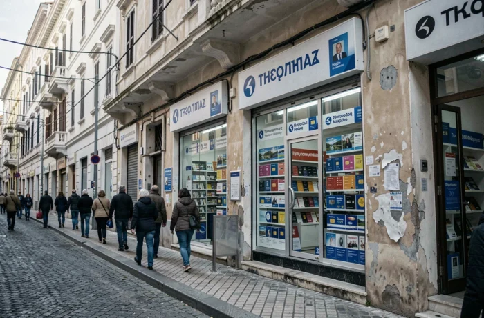 Boutique de télécommunications à Thessalonique en Grèce avec des cartes SIM et des panneaux en grec, illustrant le préfixe +30