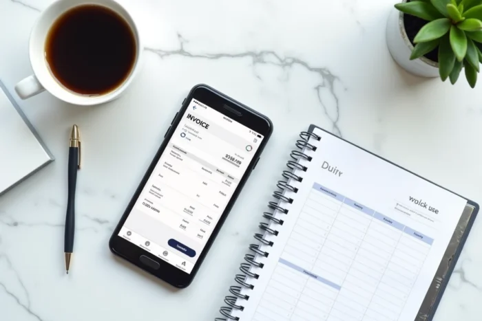 Vue aérienne d'un bureau d'auto-entrepreneur avec smartphone affichant un logiciel de facture électronique et documents professionnels