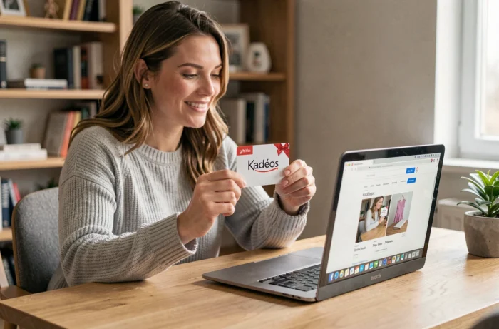 Femme utilisant un chèque Kadéos Infini pour effectuer des achats en ligne sur son ordinateur portable à domicile