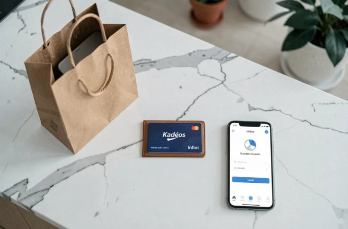 Chèque Kadéos Infini posé sur un comptoir en marbre avec un sac shopping et un smartphone affichant une commande confirmée