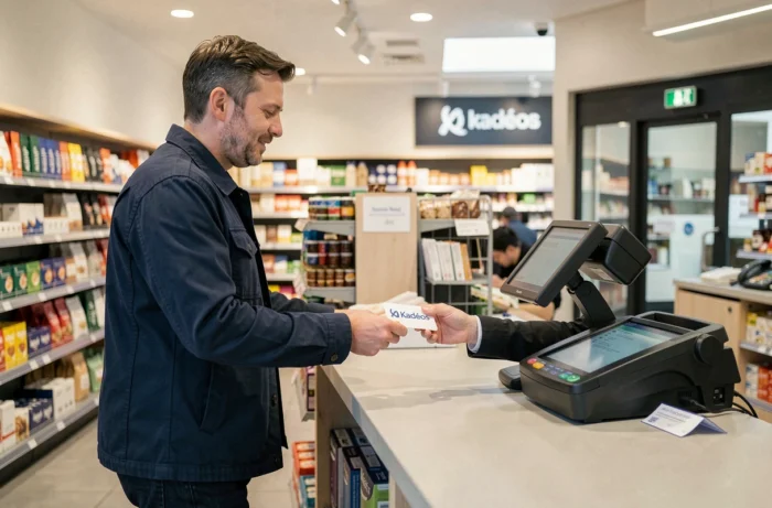 Homme présentant un chèque Kadéos Infini à la caisse d'un magasin lors d'un achat en boutique