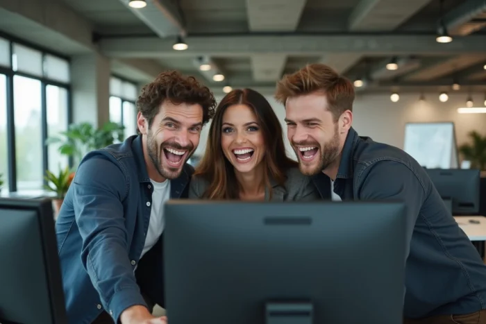 Trois collègues hilares découvrant une information insolite sur un écran d'ordinateur dans un bureau moderne