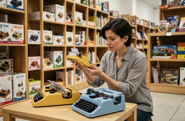 Femme adulte comparant deux machines à écrire pour enfants dans un magasin de jouets éducatifs