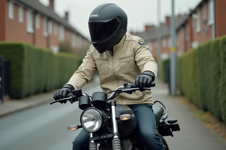 Homme de 35 ans en tenue de motard portant un casque intégral, assis sur une moto 125cc dans une rue résidentielle calme, illustrant les règles du permis B pour conduire une 125