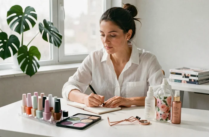 Femme rédigeant des notes entourée de produits beauté pop sur un bureau blanc épuré dans un intérieur lumineux