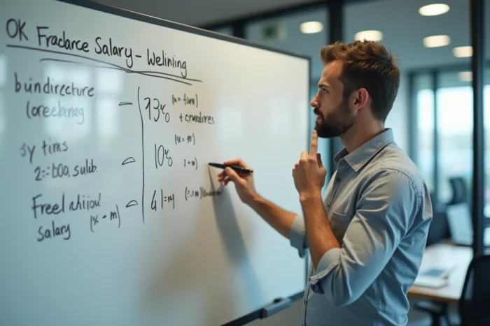 Consultant masculin expliquant les étapes d'estimation de salaire en portage salarial sur un tableau blanc dans une salle de réunion