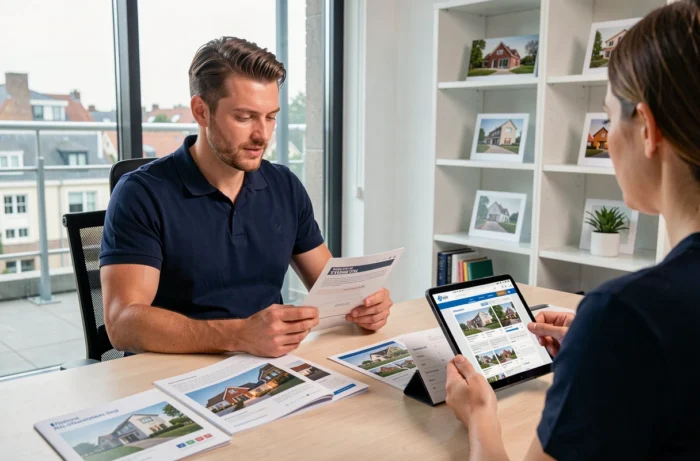 Homme consultant des alternatives au Bon Coin belge avec un agent immobilier en agence