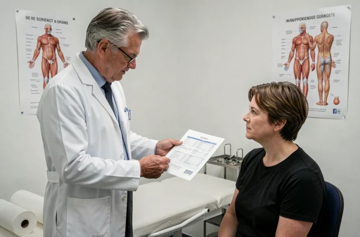 Médecin senior expliquant un rapport de santé à son patient lors d'une consultation médicale professionnelle