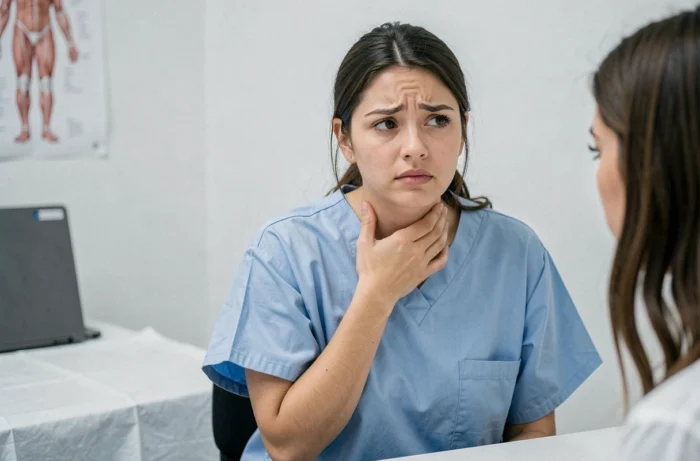 Femme adulte consultant un médecin pour une douleur à la gorge liée à une angine herpétique dans un cabinet médical moderne