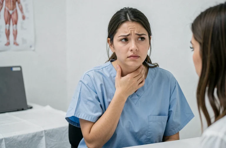 Femme adulte consultant un médecin pour une douleur à la gorge liée à une angine herpétique dans un cabinet médical moderne