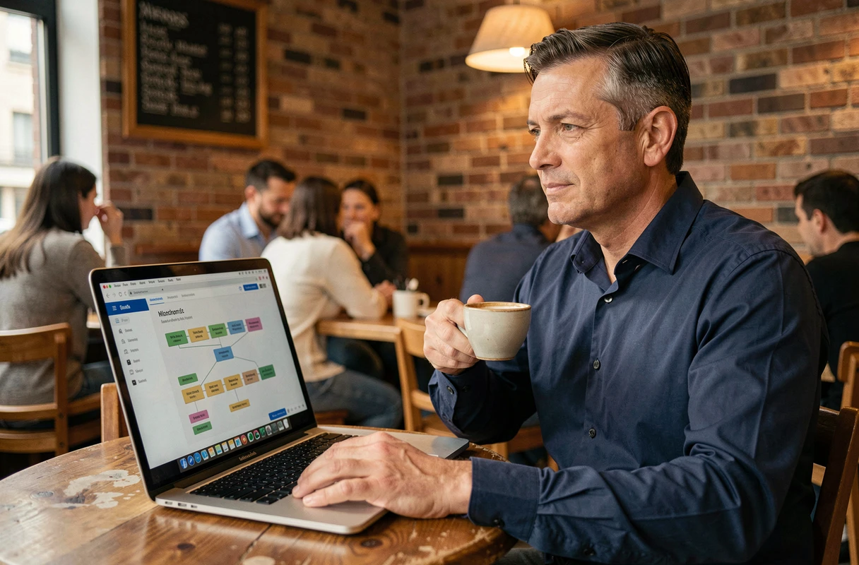 Homme consultant le plan du site Guide Finance sur son ordinateur portable dans un café urbain