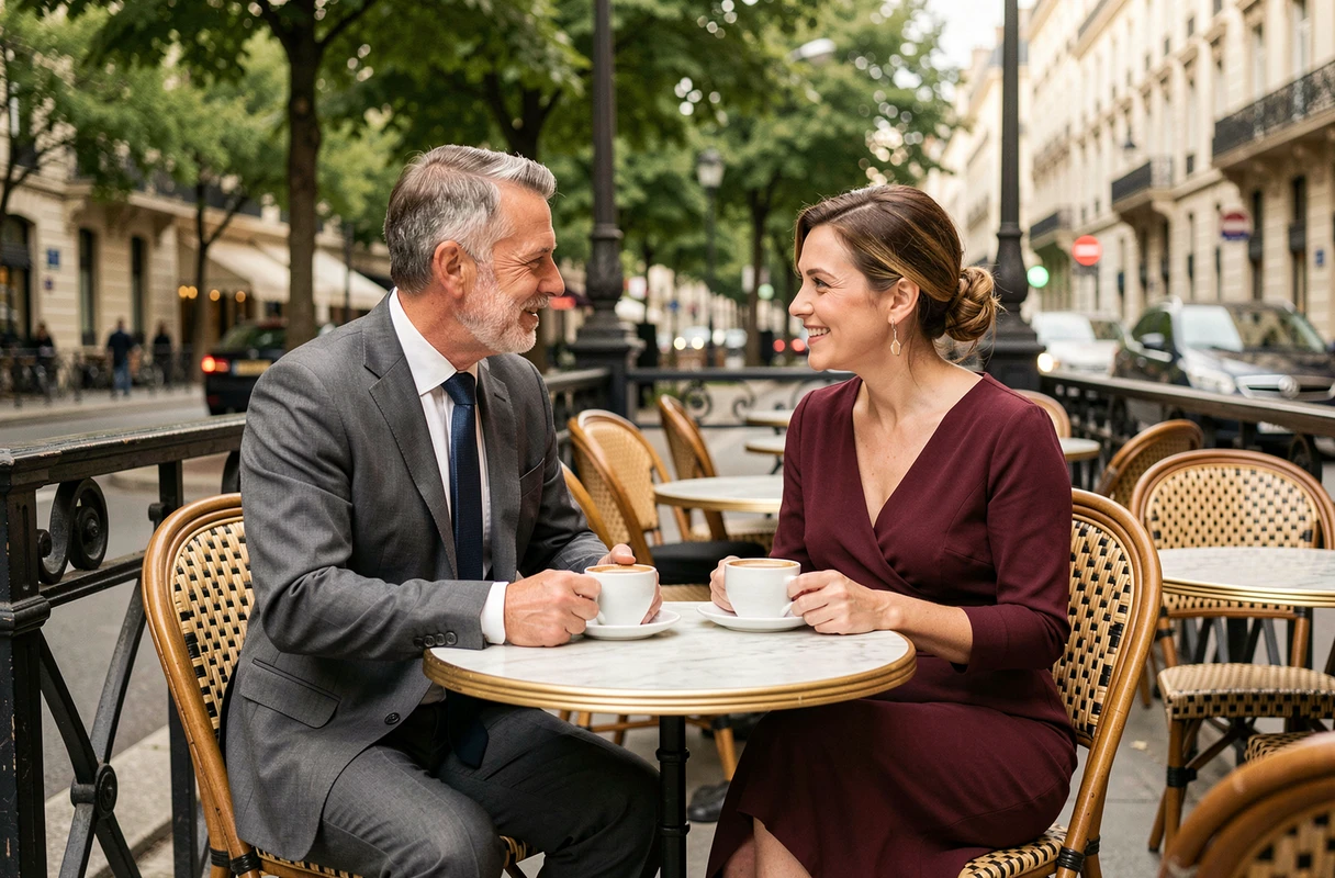 Couple amoureux en terrasse de café parisien partageant un moment intime