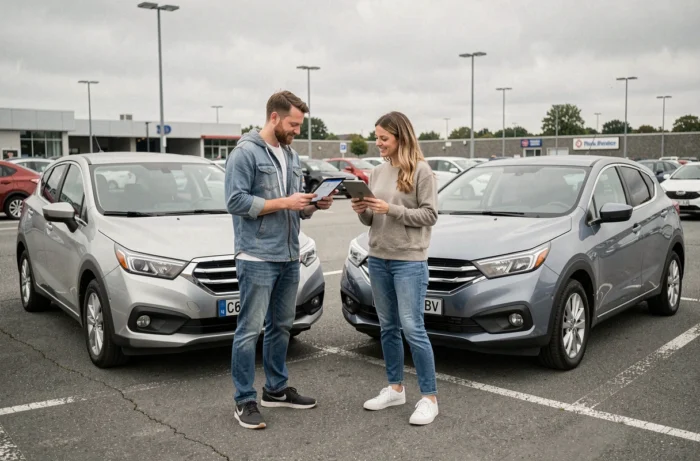 Couple comparant deux voitures d'occasion dans un parking de concessionnaire pour trouver le meilleur rapport qualité-prix