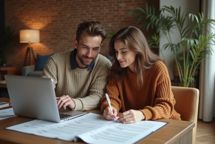 Couple consultant des documents pour résilier un contrat IAD depuis leur domicile