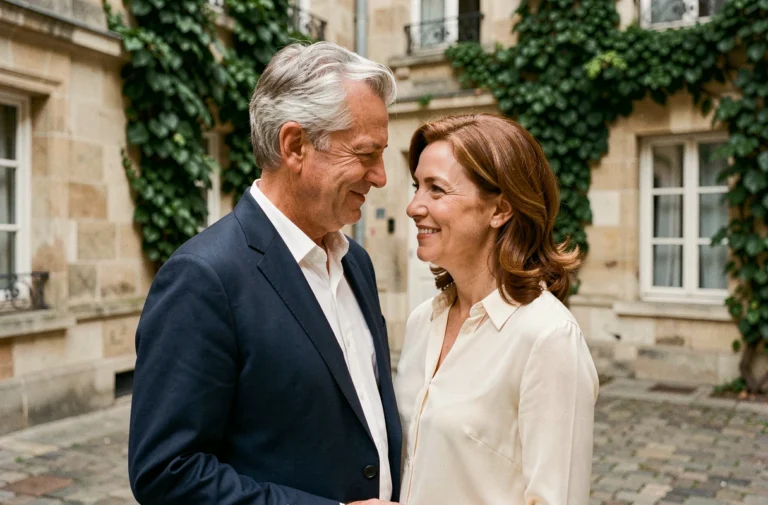 Couple élégant partageant un moment complice dans une cour parisienne romantique