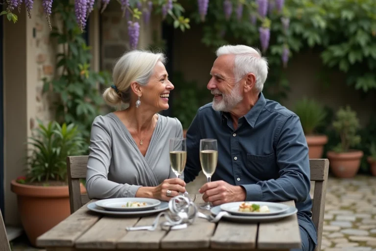 Couple célébrant 38 ans de mariage aux noces de mercure dans un jardin en pierre avec champagne et décorations argentées
