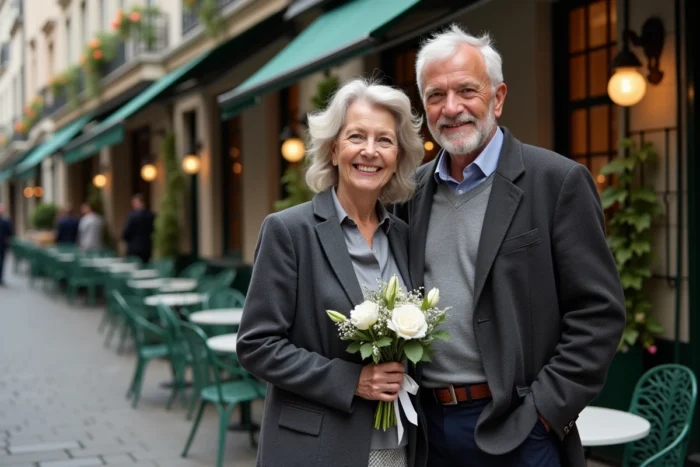 Couple élégant fêtant ses noces de mercure devant un café parisien avec bouquet de fleurs argentées et décor de rue authentique