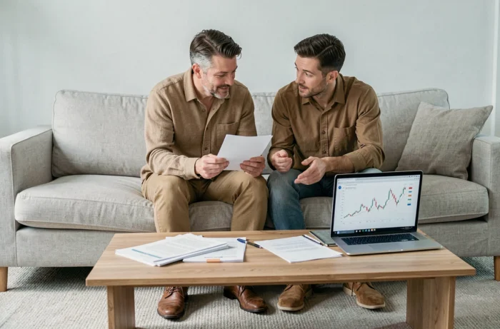 Couple examinant des documents financiers et des graphiques d'investissement ensemble sur un canapé