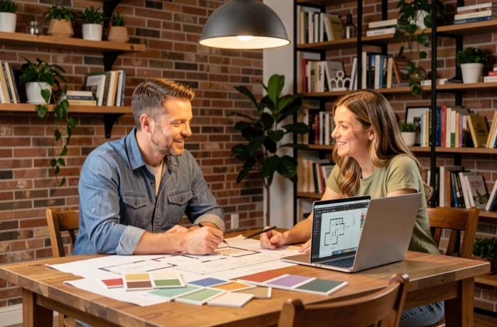Couple planifiant des travaux d'habitat autour d'une table avec plans et nuancier