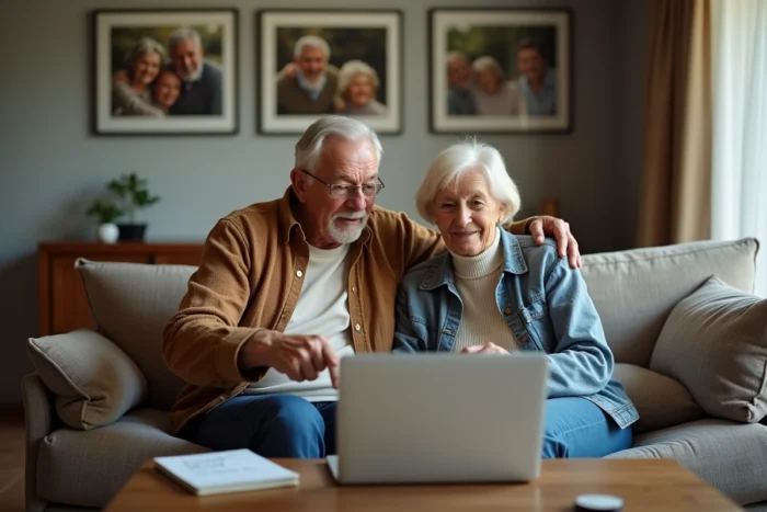 Couple de retraités SNCF consultant ensemble l'extranet agence famille sur un canapé dans leur salon