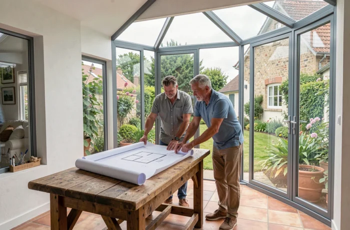 Couple consultant des plans dans une véranda en verre et aluminium nouvellement installée en Île-de-France