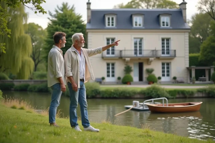 Couple visitant une maison de maître à vendre au bord de la Seine près de Paris avec jardin privatif