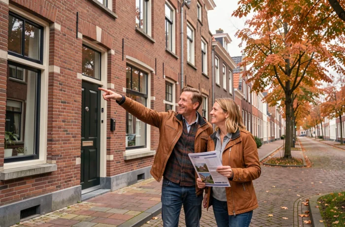 Couple examinant une maison à vendre dans une rue résidentielle belge en automne