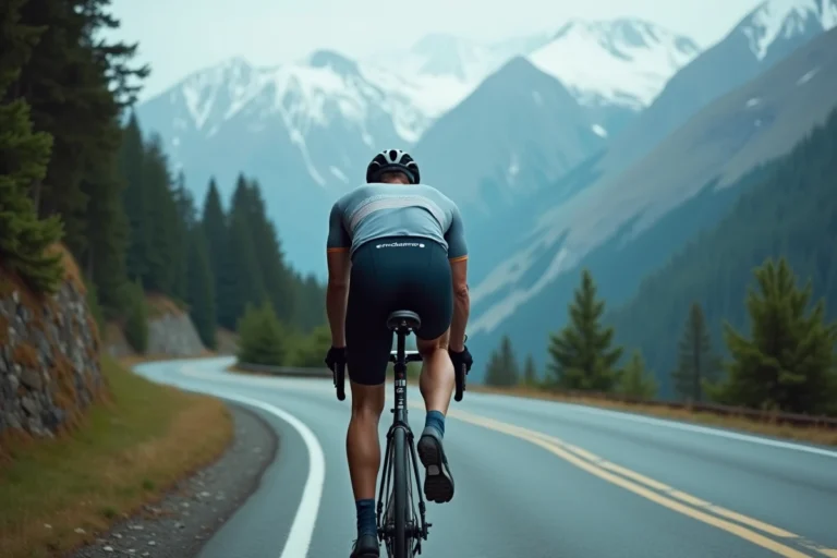 Cycliste professionnel gravissant un col de montagne escarpé entouré de forêts de pins et de sommets enneigés, illustrant la persévérance d'un athlète après une maladie grave