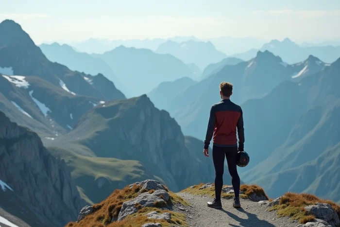 Cycliste professionnel au sommet d'un col alpin contemplant un panorama de montagnes, représentant la victoire sur la maladie et la reconquête des sommets sportifs