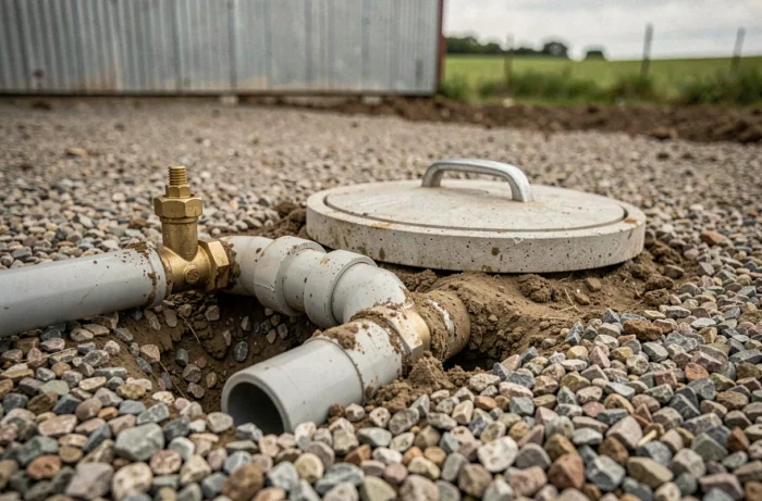 Détail des raccordements et du regard de visite d'une cuve d'eau de pluie enterrée en milieu agricole